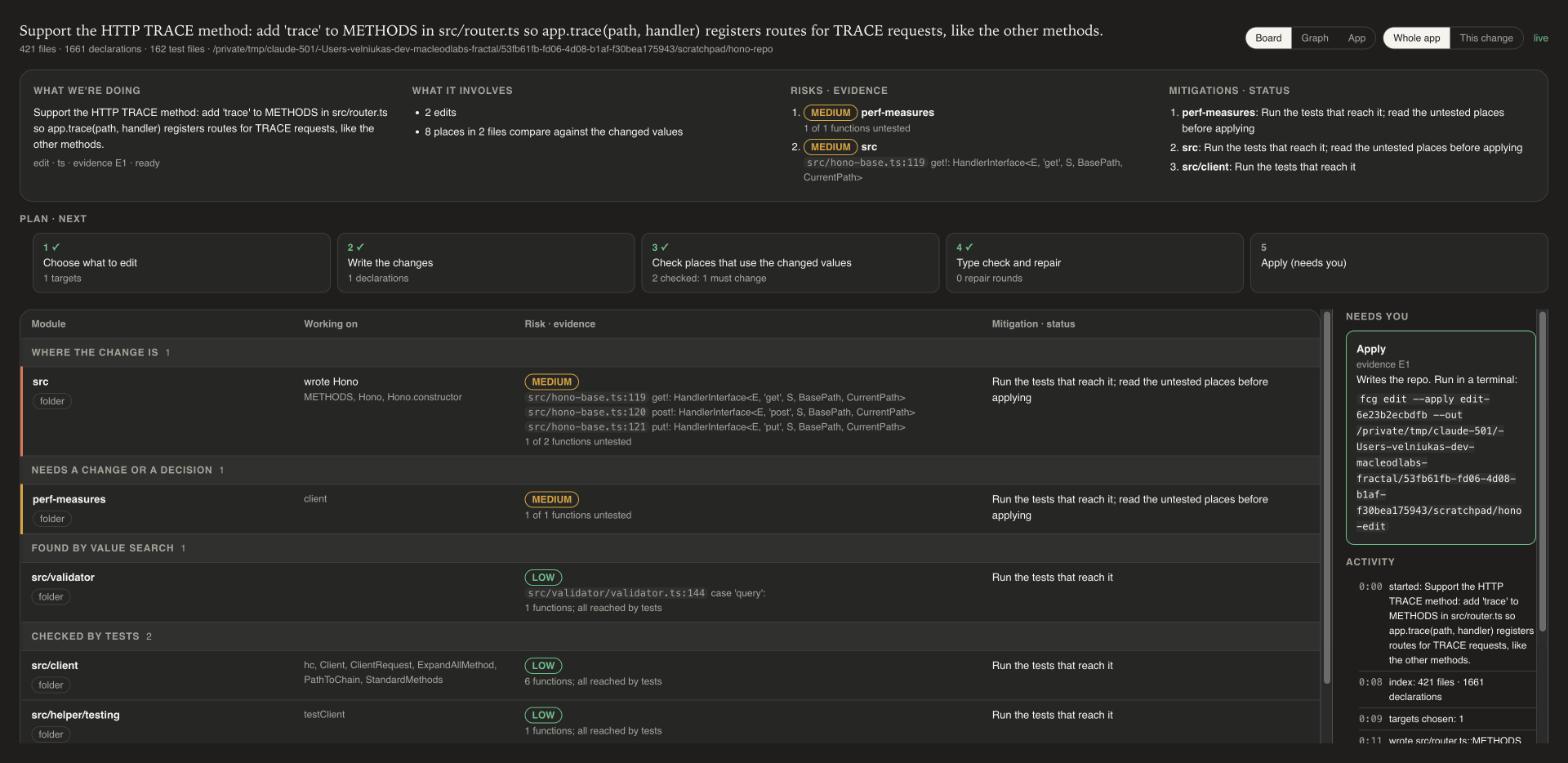 The work board for one change: what it involves, the risks with the lines of code behind them, the plan's steps, and the modules the change reaches